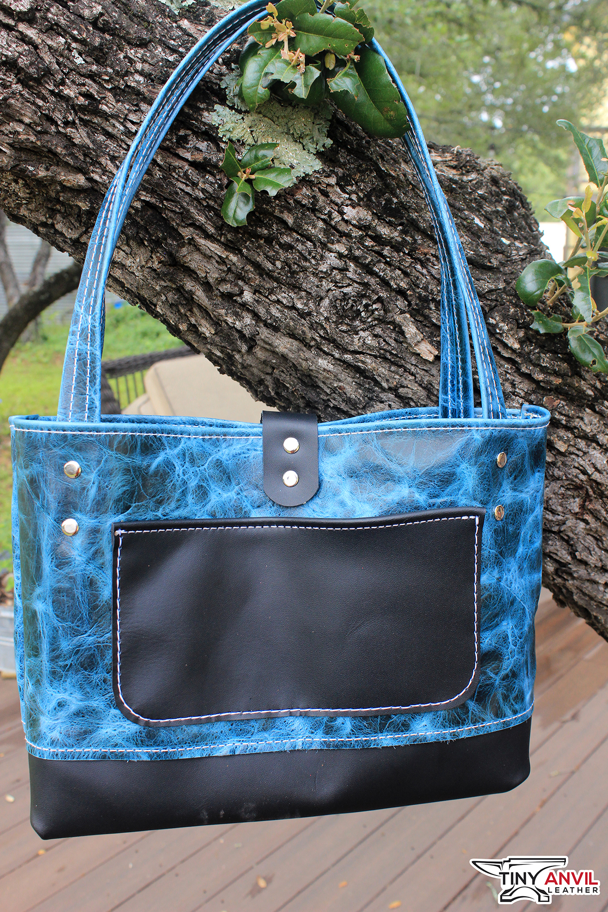 Tote Bag - Crinkle Turquoise Leather and Black