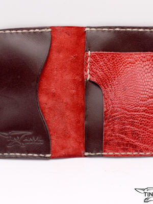 The “Brian” Minimalist Wallet – in Red Ostrich and Chocolate Cow Leather.